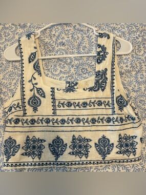Joie Cream Tank Top with Indigo Floral Embroidery